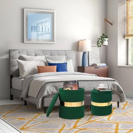 Joveco Round Storage Ottoman Set of 2 - Velvet Footrest Upholstered Footstool Seat Side Table with Metal Band (Dark Green)