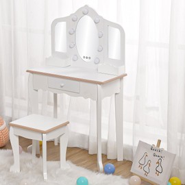Kids Vanity with Lighted Mirror, Little Girls Vanity Table & Stool, Kids Makeup with Tri-Fold Mirror, Drawer & Storage Grid for 3-9 Yrs Girls, White
