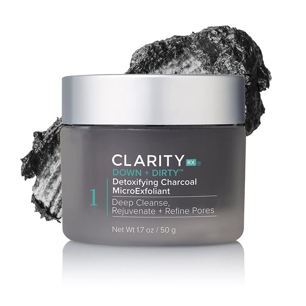 ClarityRx Down + Dirty Detoxifying Charcoal Facial Exfoliator, Natural Plant-Based Exfoliating Face Scrub with Antioxidants for Acne-Prone & Oily Skin (1.7 oz)
