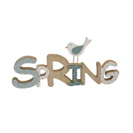 Posiwio Decorative Lettering Spring with Bird and Dots or Flower Made of Wood (Beige Yellow Green) Approx. 28 x 2 x 13 cm High