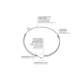 Glanzstücke München Women's Textile Bracelet Grey Penguin Sterling Silver 15-22 cm - Bracelet with Pendant Fabric Ribbon Bracelet Textile, Silver, without stone