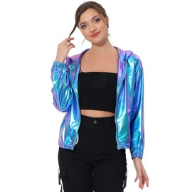 Allegra K Holographic Jackets for Women's Hooded Long Sleeve Zipper Christmas Metallic Jacket Medium Blue