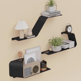 Sttoraboks Floating Shelves, Wall Shelf, Set of 3 Wall Mounted Metal Shelves with Unique Design for Wall Storage, Book Shelf, Display Shelves for Bathroom Bedroom Kitchen Living Room for Home Black