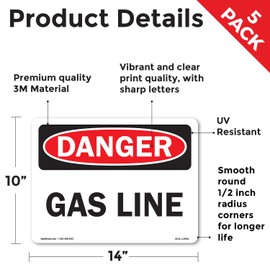 Gas Line OSHA Danger Vinyl Decal Label 14 Inch x 10 Inch - 5 Pack