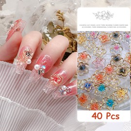 40Pcs Flower Nail Charms 3D Flower Nail Decals Nail Charms Gold Edge Flower Resin for Nails Mixed Colorful Flower Petals Charms Spring Nail Charm Nail Art Supplies for Women Girls Manicure Decorations
