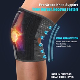 MEANTAUS Knee Brace, Dual Spring Support Stabilizer with Breathable Mesh, Shock-Absorbing Compression Sleeve with Anti-Slip Design, Black (Large)