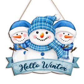 Pigort Hello Winter Welcome Door Sign Winter Welcome Door Snowman Wooden Sign Door Hanger for Christmas Outdoor Farmhouse Porch Front Door Decor 12x12inch (Blue)