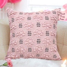OECTVD Best Mom Ever Pillowcover Gifts for Mom from Daughter and Son, Mothers Day Pillow Covers 18x18 Pink Carnation Embroidered Soft Plush Faux Fur Pillowscase for Mother Birthday Gifts