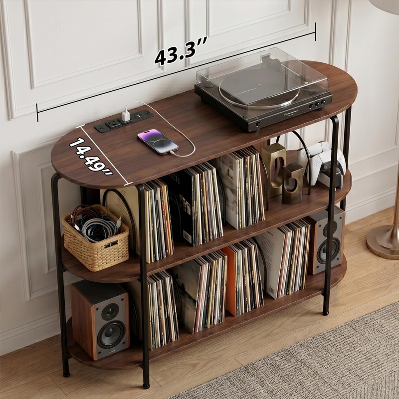 Faesun 43.3" Record Player Stand with Power Outlets, 3-Tier Vinyl