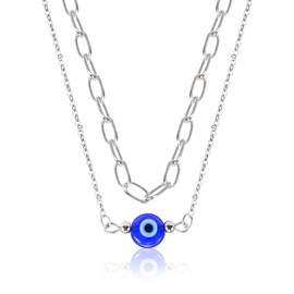MANVEN Evil Eye Necklace Blue Eye Pendant Silver Necklaces Amulet Protection Lucky Double Layered Necklace Jewelry Valentines Gifts for Her Girlfriend Women Girls