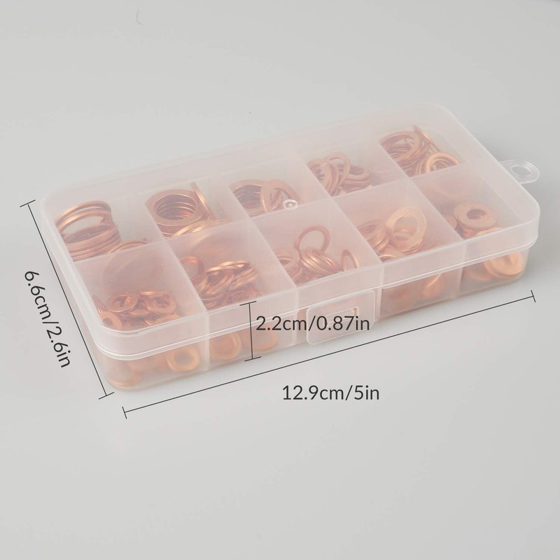 200pcs Solid Copper Washer Set, 9 Size Metric Copper Sealing