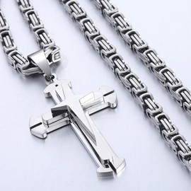 Trendsmax Mens Cross Pendant Necklace Stainless Steel Silver Byzantine Chain 28inch