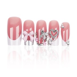 Rhinestones French Tip Press on Nails Long Coffin Fake Nails with Bow Rhinestone White French Tip Designs False Nails Cute Floral Glossy Acrylic Nails Bling Luxury Nails for Women Girls Manicure 24Pcs