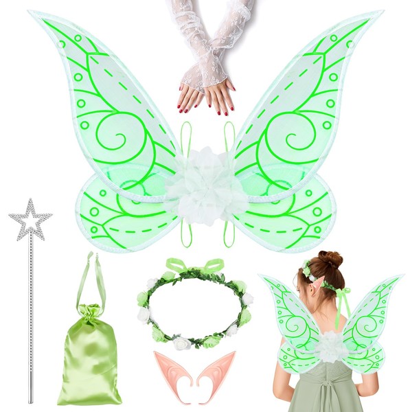 MOVINPE Halloween Fairy Wing Elf Ears Fairy Wand Floral Headband Lace Sleeve Little Bag Dress Up Accessories for Women Girls (Green)