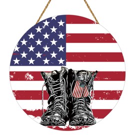 YUNKKIN Memorial Day Decorations American Soldier Boots Hanging Sign American Flag Memorial Day Wreath Patriotic Wreath Wooden 4th of July Decorations Door Decor for Office Wall Indoor Home Decor