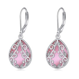 Moonstone/Pink Opal/Black Onyx/Larimar Earrings Sterling Silver Filigree Peridot Earrings Natural Stone Teardrop Dangle Earrings Jewelry for Ladies (Pink Opal Earrings)