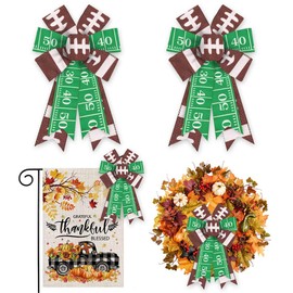 ALIBBON 2Pcs Football Party Bows for Wreaths, Fall Wreath Bows, Super Bowl Bows, Green Brown Bows for Front Door, Football Party Supplies Decor, Burlap Bows for Wreath Indoor Outdoor Decor