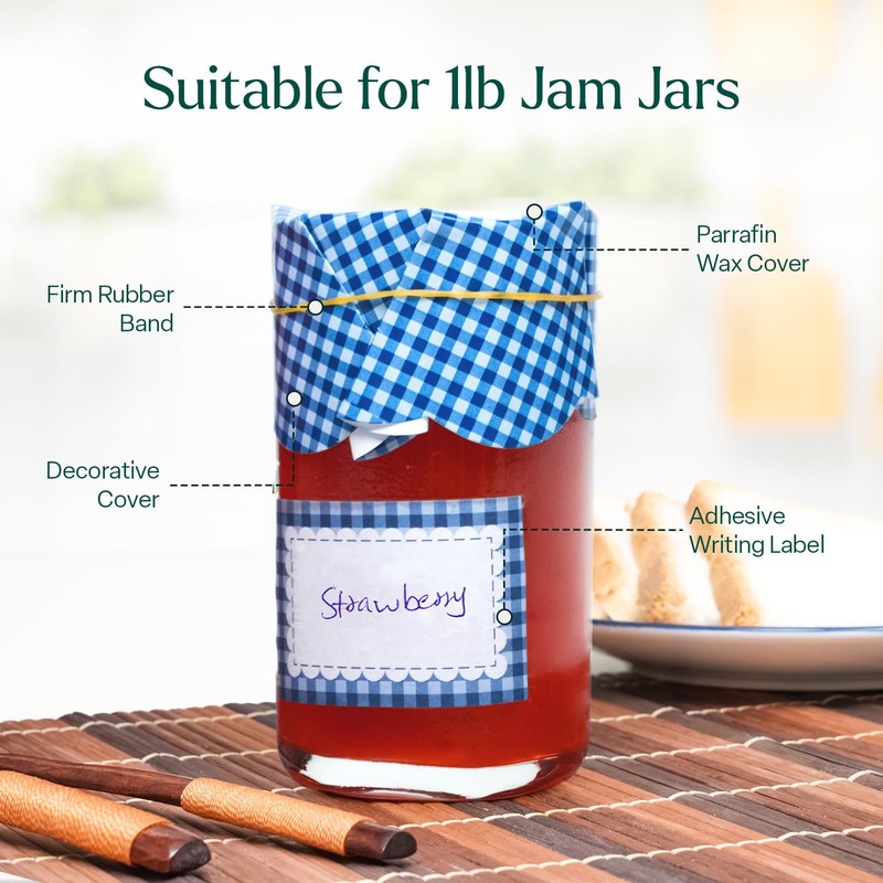 Jam Pot Covers (1lb) with Elastic Rubber Bands & Labels