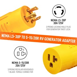 NEMA L5-30P to 5-15/20R RV Generator Adapter, 3-Prong Locking Generator Shore Power Adapter: NEMA L5-30P to Household Regular 5-15R/5-20R Inlet Connector - 30A to 110V/120V for RVs & Marine