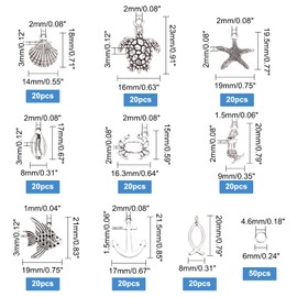 PH PandaHall - 180 dijes de concha de pescado, 9 estilos de océano con 50 anillos de salto de estrellas de mar, colgante de estrella de mar, colgante de ancla de animales marinos, para collar de