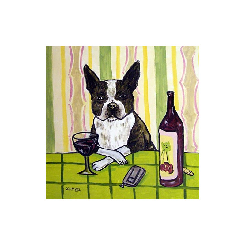 Boston Terrier at the Wine Bar dog art tile coaster