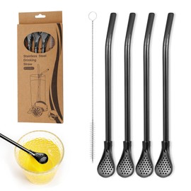 Set of 4 304 Stainless Steel Straws, Reusable, Reusable Straws, Spoons, Stainless Steel Straws Spoons, with Filter Head, 3-in-1 Straw Spoon, with Cleaning Brushes, for All Drinks (Black)