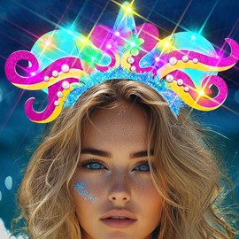 Zoestar Light Up Mermaid Headband Under the Sea Octopus Costume Hair Accessories for Women (Rose Red, One Size)