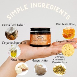 Handmade Honey & Tallow Balm- 100% Grass Fed Beef Tallow for Skin Care- 100% Natural Whipped Tallow Balm- Sensitive & Dry Skin, Eczema, Psoriasis- 2 FL. oz