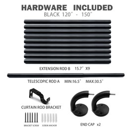 Blackout Curtain Rod 120-150, 3/4 Inch Curtain Rods for Windows Adjustable, Wrap Around Heavy Duty Telescoping Curtain Rods for Bedroom, Living Room, Black