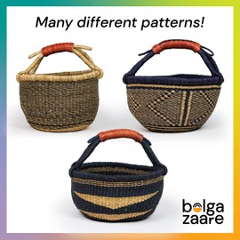 Bolga Zaare Market Basket, Handmade in Ghana by Women Artisans, Natural + Midnight Color, MEDIUM, 13"-15" Diameter x 8"-9" H, RED HANDLE (1 basket)
