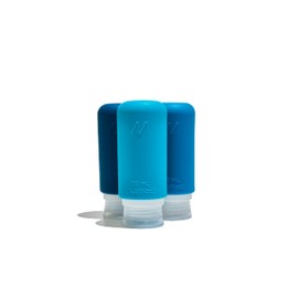 Muitomas, Reiseflaschen mit transparentem Gehäuse, 3 Reiseflaschen aus Silikon, 98 ml, Reisebehälter für Flüssigkeiten aus Silikon, Blau
