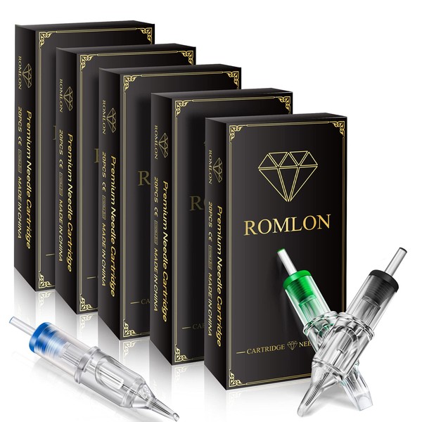 Romlon Tattoo Cartridge Needles 100Pcs Assorted Standard Sterilized Mixed Tattoo Needle Cartridges Round Liner Magnum 3RL 5RL 7RL 9RL 5RS 7RS 9RS 5M1 7M1 9M1 Size for Tattoo Kits Tattoo Supplies