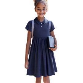 HILEELANG Little Girl Uniform Polo Dress Navy Blue Short-Sleeve Cotton Polo Dress 5-6 Yeras