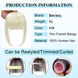 Berracy Bangs Hair Clip in Bangs 100% Real Human Hair Extensions Fake Thin French Bangs Fringe with Temples Curtain Flat Neat Front Thick Hairpieces for Women Kids Daily Wear 60