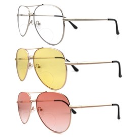 SOPHILY 3 Pack Bifocal Reading Sunglasses for Women Men, Aviator Sun Readers Glasses Mirrored Shades UV400 Gradient Pink Night Yellow Clear, +3.5