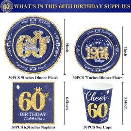 algpty 60th Birthday Decorations Blue and Gold, Service for 30, Vintage 60th Birthday Party Supplies Includes Blue and Gold 1964 Plates, Napkins,Cups 60th Birthday Plates and Napkins for Men Women