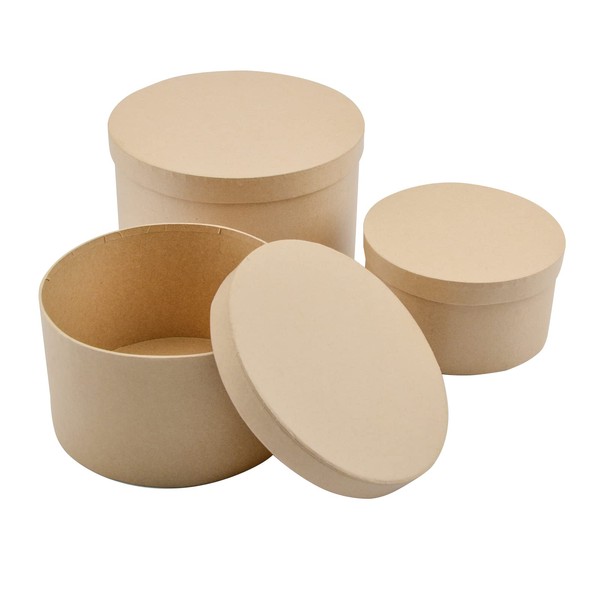 WANDIC Paper Mache Box, Set of 3 Round Paper Mache Hat Boxes Kraft Paper Containers with Lids Ideal for Painting Crafting & Storage Accessories Cosmetics Jewelry Gifts