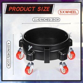 Datanly 2 Pcs 5 Gallon Bucket Dolly with 5 Swivel Wheel Casters 11.42'' Car Wash Bucket Dolly Round Plastic Dollies for Car Washing Garage Construction Flowerpot(Black)