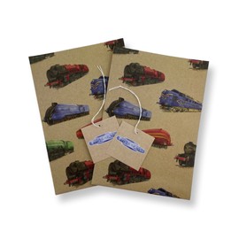 Train Steam Engine Locomotive Kraft Effect Recycled and Recyclable Gift Wrapping Paper with "1st Class " gift tags - 2 sheets 2 tags - Birthday - Christmas - Father's Day