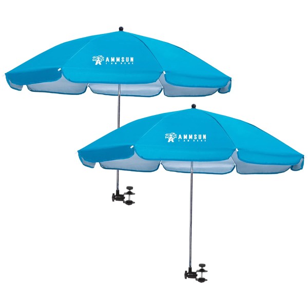 AMMSUN 2 PCS Chair Umbrella with Clamp 43 inches UPF 50+,Portable Clamp on Patio Chair,Beach Chair,Stroller,Sport chair,Wheelchair and Wagon,Bright Blue,2 Pack