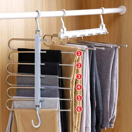 Space Saving Pants Hangers, 6 Layers Stainless Steel Rack Hanger, Non-Slip 6 in 1 Multifunctional Trouser Rack (White)