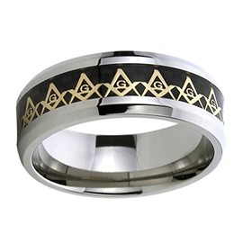 DoubleAccent 8mm Titanium Inlayed Wedding Bands Promise Rings Yellow Tone Masonic Symbol Comfort Fit Ring