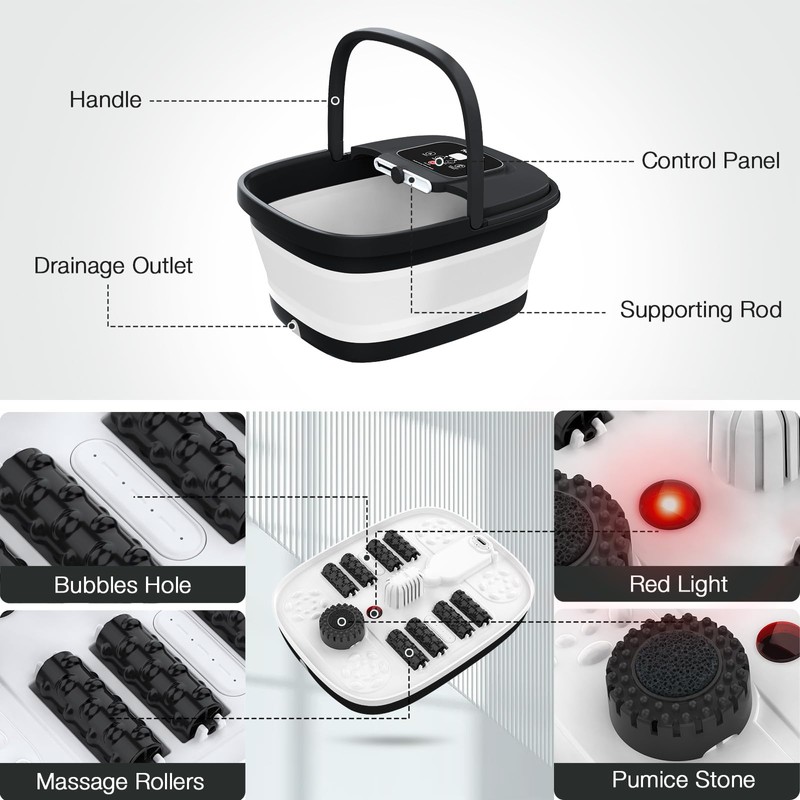 HOSPAN Collapsible Foot Spa with Heat, Bubble, Red Light, and