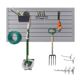 Slatwall Panel Garage Wall Organizer Storage Systems, Wall Mounted PVC Storage Rack with 5 Hooks, Interlocking Workshop Slat Wall Paneling Sheets Board Shelves Tools Organization-Grey(2’H x 4’W)