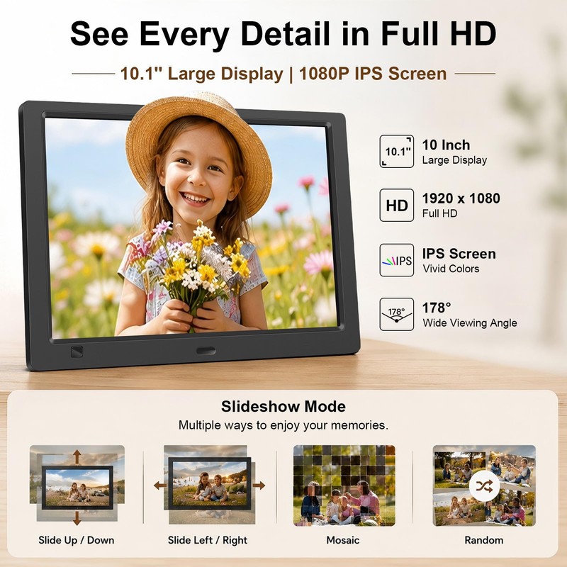 KECAG 10.1-Inch 1080P IPS Digital Picture Frame, No WiFi or