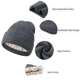 Durio Satin Lined Beanie for Women Knit Satin Lined Winter Hats for Women Silk Lined Beanie Skull Cap Acrylic Soft Warm Beanie Hat Wine One Size