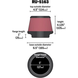 K&N Filtro universal de admisión de aire con abrazadera: alto rendimiento, premium, lavable, filtro de repuesto: diámetro de brida: 5 pulgadas, altura del filtro: 4.125 pulgadas, longitud de la brida: 1 pulgada, forma: redondo cónico, RU-5163