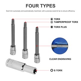 60pcs Extra Long Socket Bits and Deep Socket Set, S2 Tamperproof Torx Plus Bits and Cr-V Steel E-Torx Socket, 1/4Inch 3/8Inch 1/2 Inch Drive