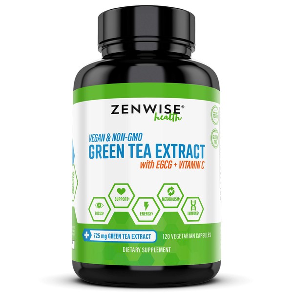 Green Tea Extract with EGCG & Vitamin C - Antioxidant & Immune Supplement - Vegan Skin & Heart Support + Brain Health & Memory Boost - 120 Count