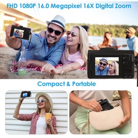 1080P Digital Camera for Photography Autofocus 16X Digital Zoom, 16MP Vlogging Camera with 180° Flip Screen Compact Camera, Support 32G SD Card